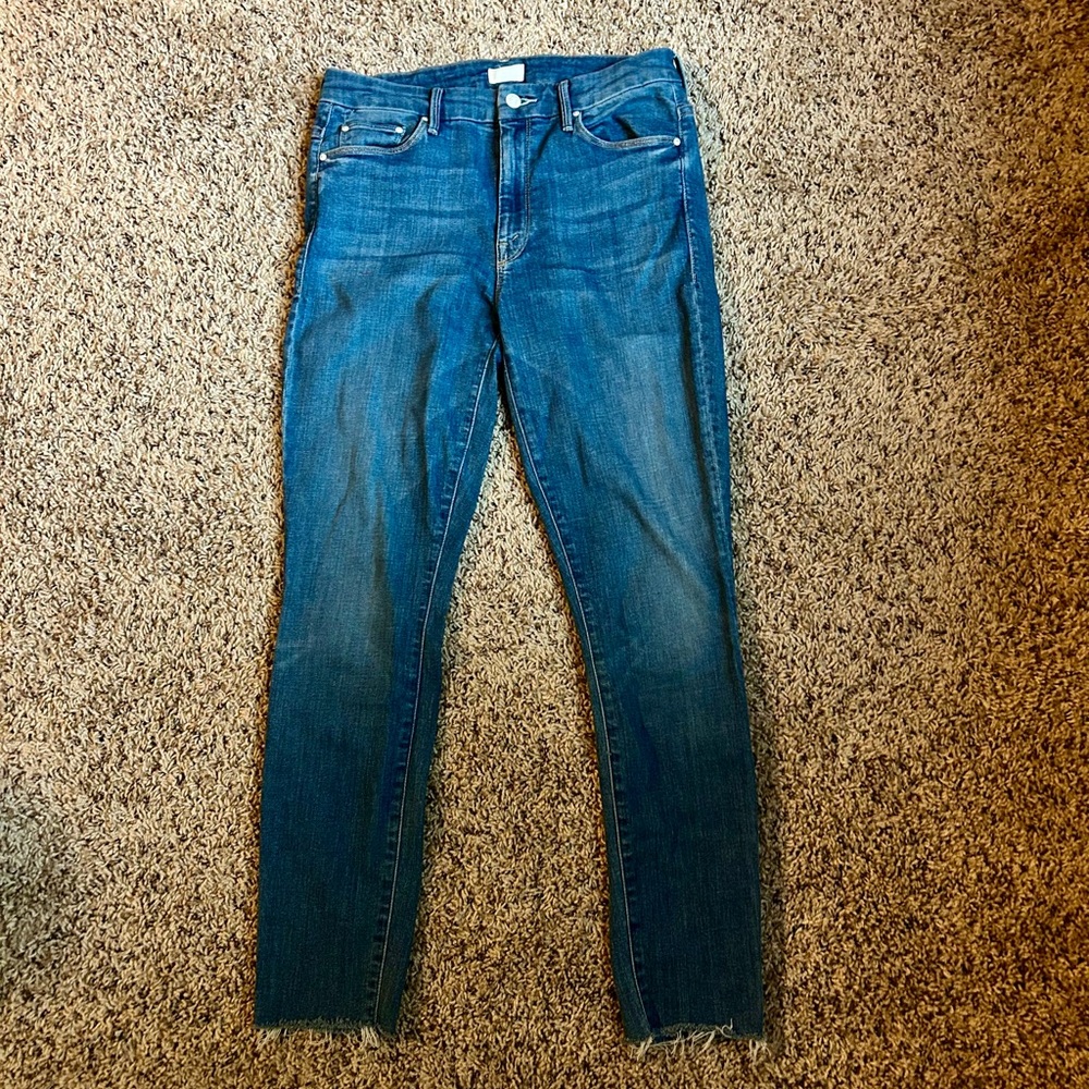 MOTHER Blue Skinny Jeans High Waisted Looker Ankle Fray